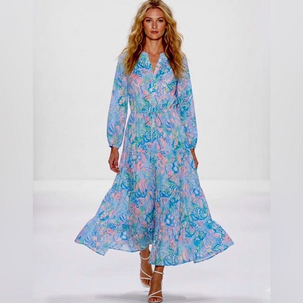 Lilly Pulitzer Blue Pink Floral Tiered Maxi Dress Long Sleeve Size 4